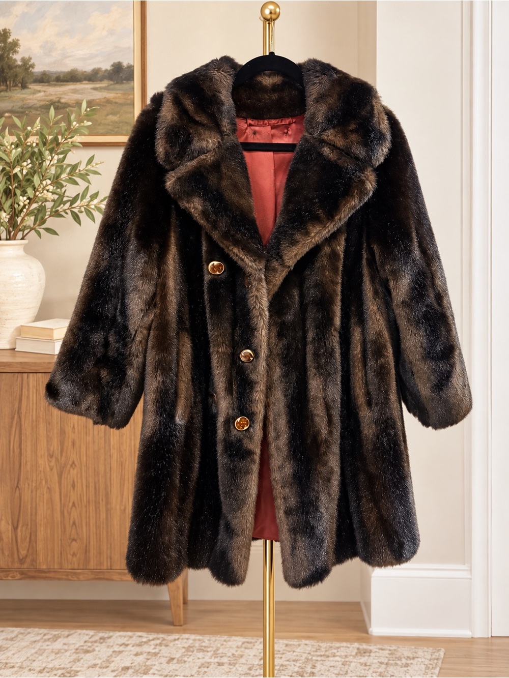 Vintage Tissavel France Faux Fur Coat Brown Plush Heavy Glam Winter Jacket M/L